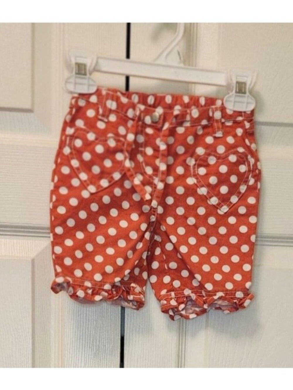 Toddler Girl Mini Boden Pink/Red Polka Dot Heart Pocket Ruffle Shorts 12-18 Mon